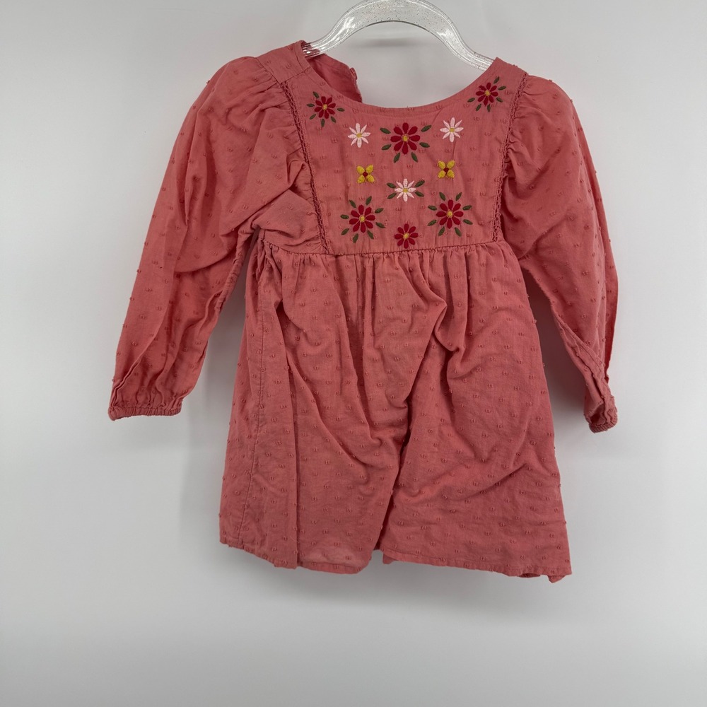 Old‎ Navy Coral Pink Embroidered Flower Dress Toddler Girls Size 2T Long Sleeve